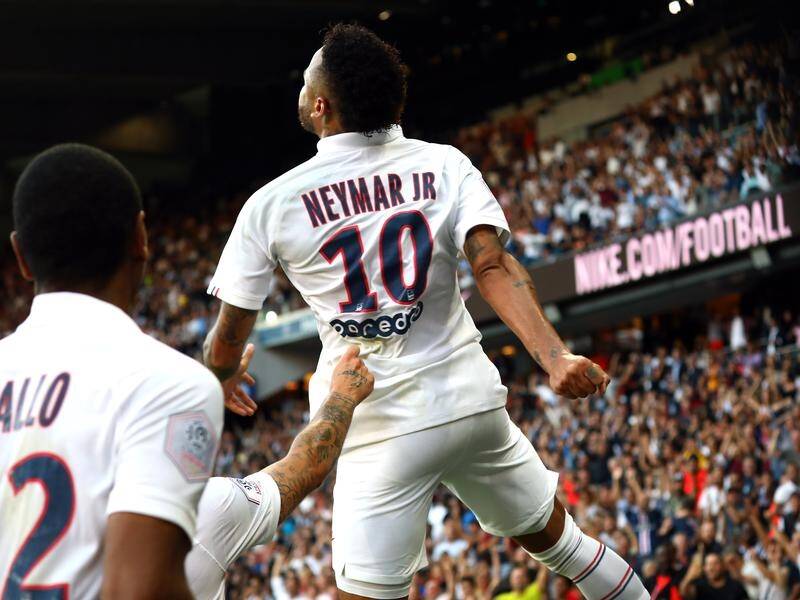 PSG's Neymar reacts after scoring his brilliant late winner against Strasbourg.