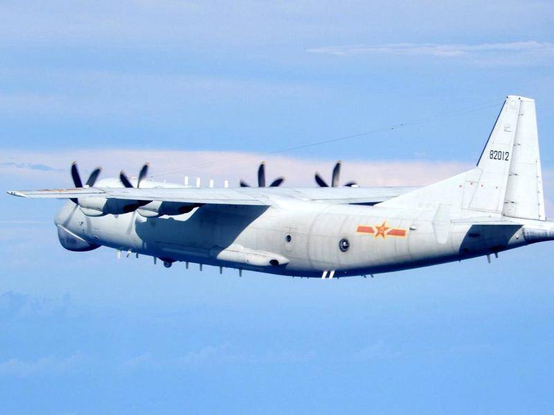 A Chinese air force transport plane after crossing the central line in the Taiwan Strait.