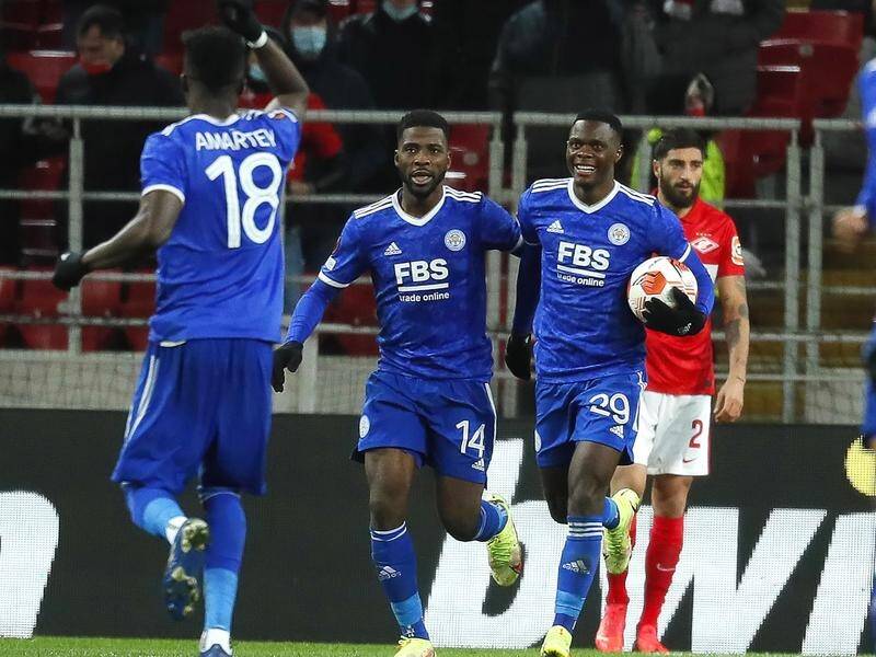 Patson Daka (No.29) celebrates one of his goals in Leicester's Europa League win at Spartak Moscow.