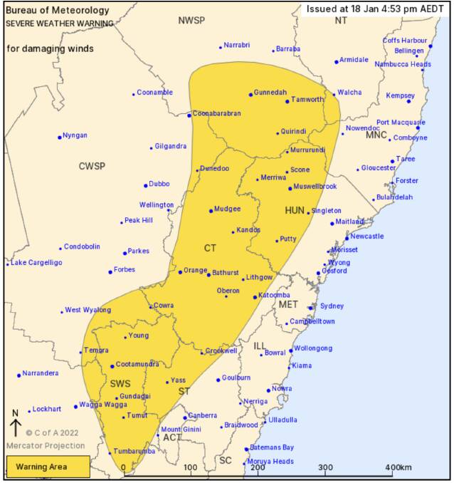 Bureau of Meteorology issues a warning for severe winds set to sweep through the Oberon area