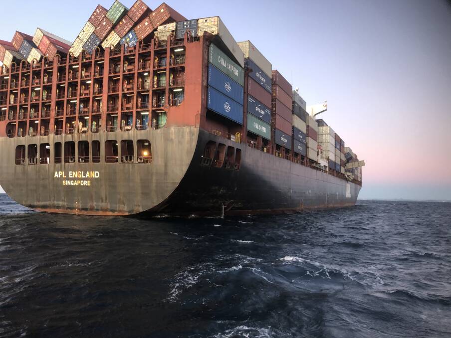 The APL England in Brisbane, after losing containers overboard off the Illawarra coast on Sunday. Picture: Australian Maritime Safety Authority
