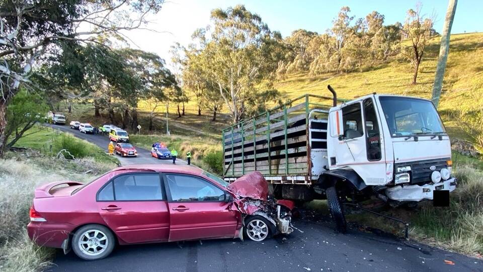CRASH SCENE: One man was taken to hospital with minor injuries following this crash near Tarana. Photo: OBERON FRNSW
