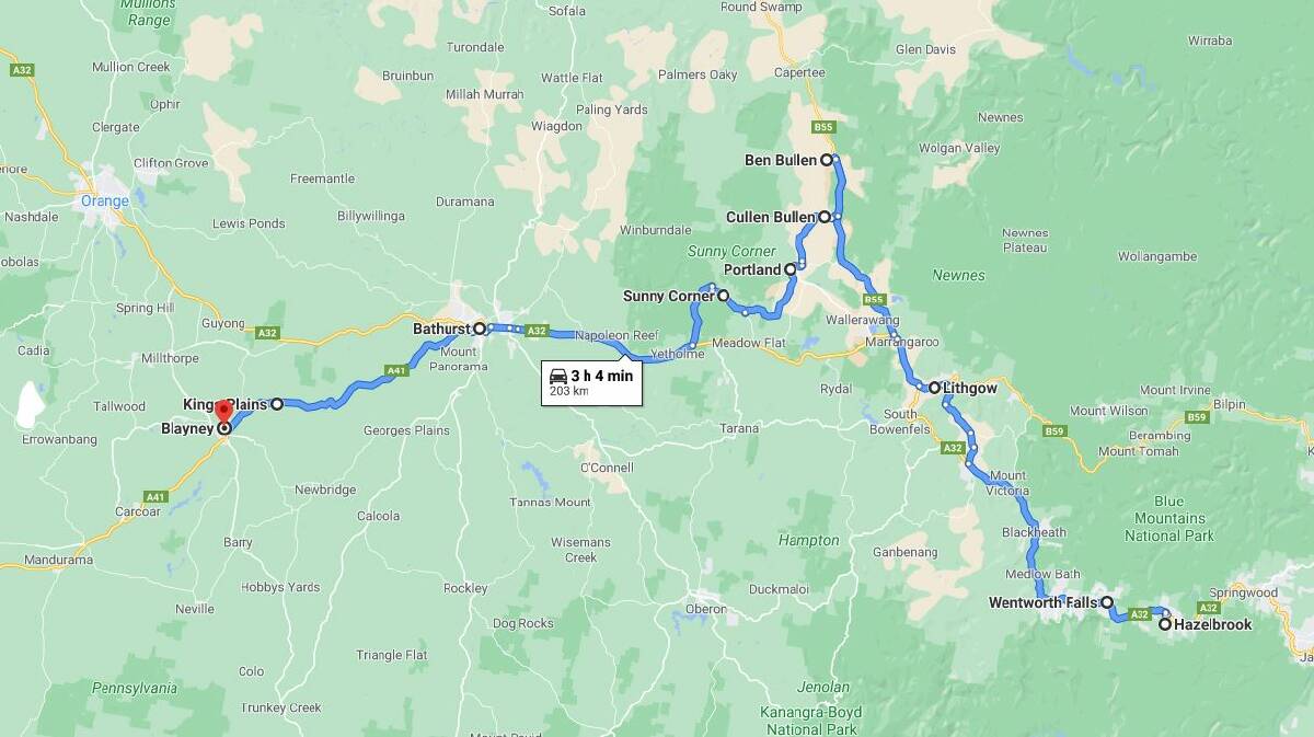LONG WAY: Brown's 200-kilometre long journey from Hazlebrook and all the places she has been sighted before arriving in Blayney. Image: GOOGLE MAPS