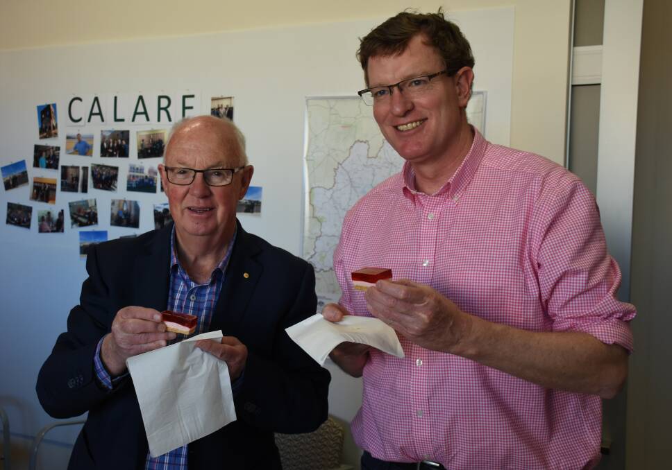 IN SUPPORT: Bathurst Regional Council mayor Graham Hanger and Calare MP Andrew Gee are encouraging people to still eat strawberries. Photo: NAIDNE MORTON 092118nmag1