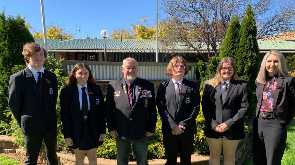 ANZAC SERVICE: Oscar ODonnell, Daria Olney, Mr Bill Wilcox, Cooper Young, Kelsey Sheehy and Deputy Principal Mrs Fiona Abbott. Picture: SUPPLIED
